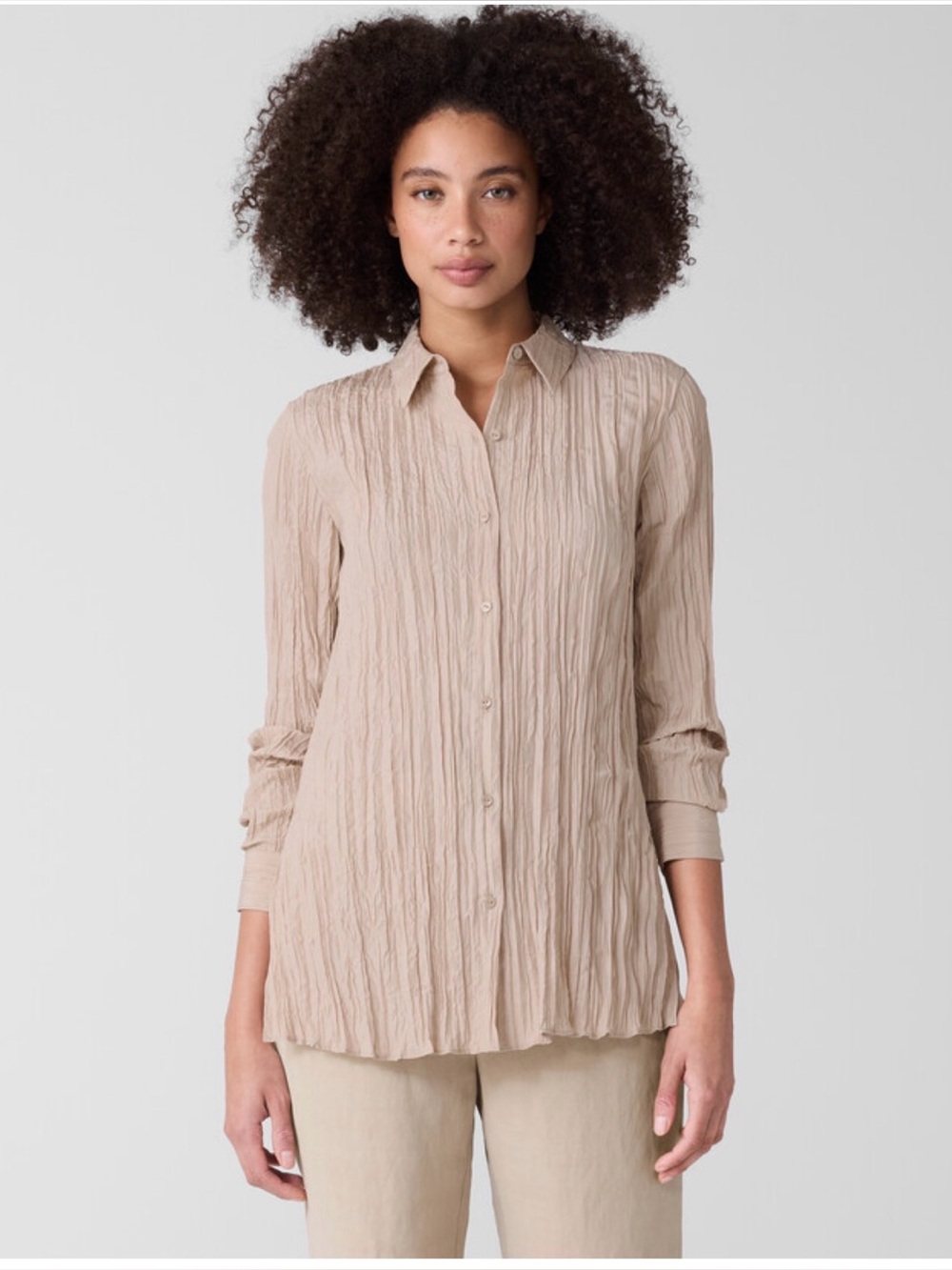 Eileen Fisher Crinkle Silk Habutai Shirt Wheat Small NWT $258